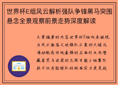 世界杯E组风云解析强队争锋黑马突围悬念全景观察前景走势深度解读